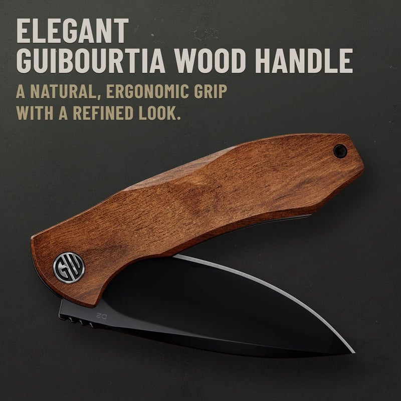 GOOD WORKER Legal Pocket Knife - 2.95" D2 Steel Sharp Blade - Dark Guibourtia Wood Handle, Ball Bearing Pivot- Folding Knives with Pocket Clip - Perfect for EDC, Camping, Survival - Gifts for Men - 6700 V - Image 5